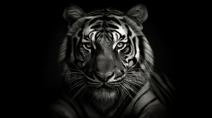  a black and white photo of a tiger in the dark.  generative ai