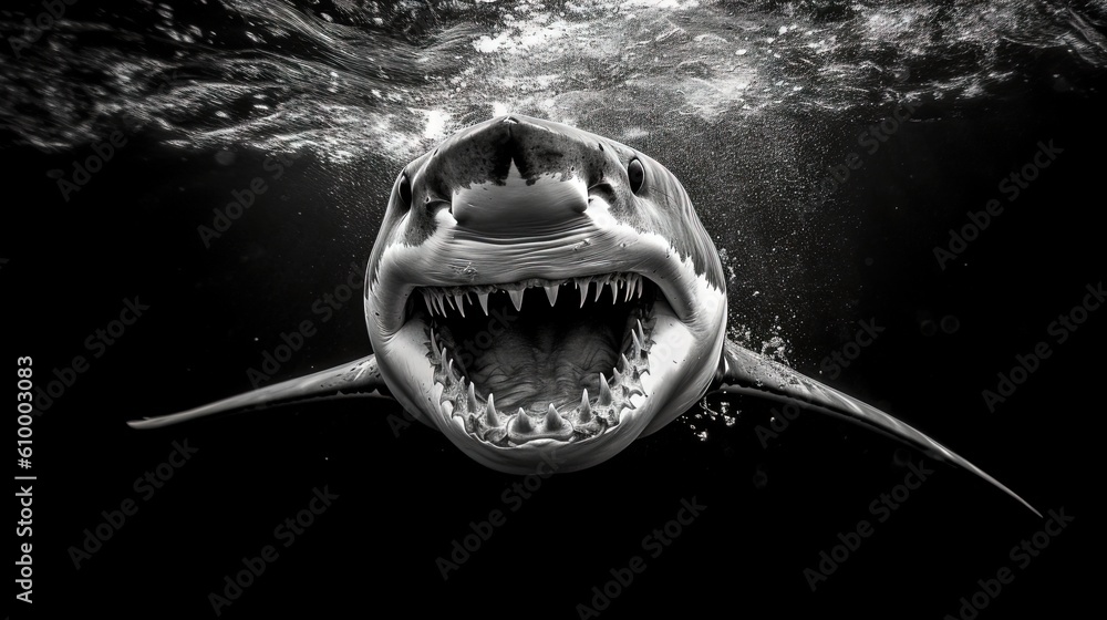 a great white shark swimming in the ocean with its mouth open, its ...