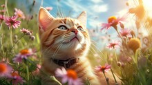 Cute Cat In Summer Flower Field, Generative Ai