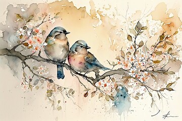 Wall Mural - Colorful birds on stick blooming tree with flower in watercolor design artistic. Concept of painting technique isolated on white background in canvas. Glorious generative AI.