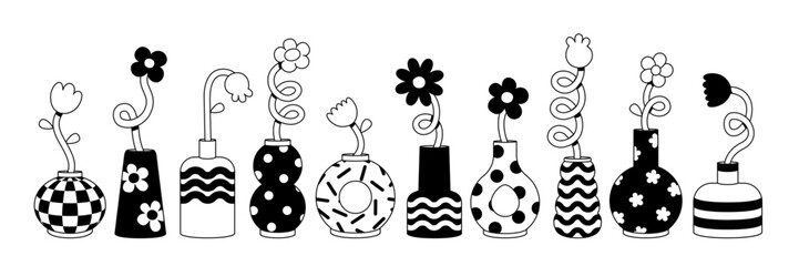 Wall Mural - Cute cartoon flower and vase set. Daisy floral organic form and other elements in trendy playful cartoon style. Vector illustrations isolated on white background.