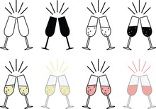 Champagne Glasses Toasting / Cheers Clipart - Outline, Silhouette & Color