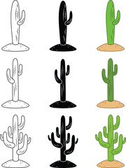 Wall Mural - Large Desert Cactus Clipart Set - Outline, Silhouette & Color