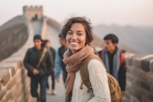 Medium Shot Portrait Photography Of A Cheerful Woman In Her 30s That Is Smiling With Friends At The Great Wall Of China In Beijing China . Generative AI