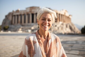 Portrait of happy mature woman in front of temple of Hephaestus in Athens, Greece