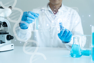 scientist analyze biochemical sample in advanced scientific laboratory. medical professional check c