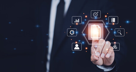 ERP document management, Documents management information system concept, Businessman using visual screen internet for Documents management information system and ERP program data directory in company