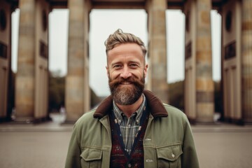 Wall Mural - Handsome hipster man with beard and moustache in the city