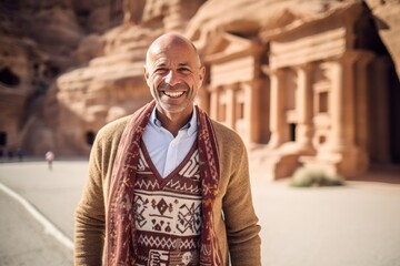 Portrait of a happy mature man in front of the Treasury in Petra, Jordan