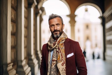 Wall Mural - Handsome middle-aged man with beard and mustache wearing a red coat and scarf in the city