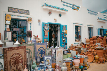 Close up view of ceramic objects, classic Moroccan crafts in Tetouan