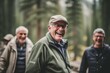 © Anne Schaum - Lifestyle portrait photography of a pleased man in his 60s that is smiling with friends at the Banff National Park in Alberta Canada . Generative AI