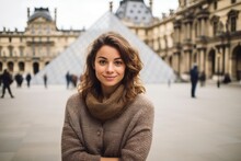 Group Portrait Photography Of A Satisfied Woman In Her 30s That Is Wearing A Cozy Sweater At The Louvre Museum In Paris France . Generative AI