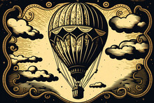 A Stylised Illustration Of A Victorian Era Hot Air Balloon Floating In A Sky, In Vintage Sepia Tones And Wood Block Etching Style Print Style