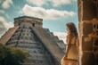 © Anne Schaum - Lifestyle portrait photography of a pleased woman in her 30s that is with the family at the Chichen Itza Yucatan Mexico . Generative AI