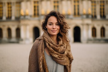 Wall Mural - Portrait of a beautiful young woman with curly brown hair in a beige scarf on the background of the palace