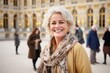 © Anne Schaum - Group portrait photography of a pleased woman in her 50s that is smiling with friends at the Palace of Versailles in Versailles France . Generative AI
