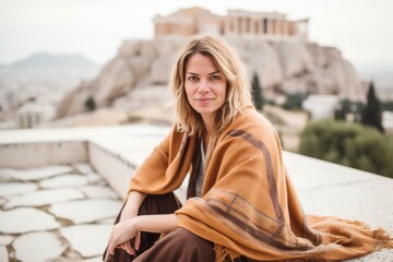 Wall Mural - Beautiful young woman sitting on the terrace of Acropolis, Athens, Greece