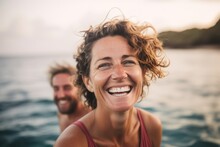 Lifestyle Portrait Photography Of A Satisfied Woman In Her 40s That Is Smiling With Friends At The Great Barrier Reef In Queensland Australia . Generative AI