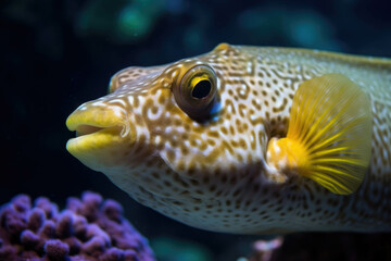 Wall Mural - Fish cow underwater photo horned coral tropical animal macro. AI