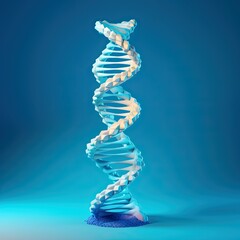 DNA structure with blue helix close up. Virtual modeling of chemical processes. High technologies in medicine. Generative AI Technology