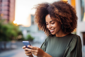 A cheerful woman conveniently using a mobile banking app on her smartphone outdoors, demonstrating modern lifestyle technology, generative ai