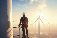 A Worker Standing Above A Wind Turbine In A Harness Looks At The View - Ai Generative