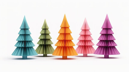 Colorful origami trees in a row isolated on white background. Generative ai