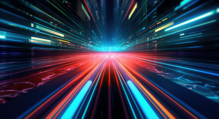 Futuristic fast speed motion blur with red and blue lights background