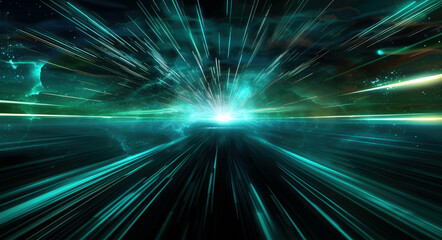 Futuristic abstract background with green light rays and speed lines in space