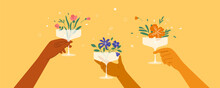 Diversity Man Or Woman Hands Clink Champagne, Wine Or Martini Glass With Bloom Flowers. Cocktail, Fresh Juice, Floral Drink, Spring Beverage. Beach Summer Party Poster. Bar Cheers Vector Illustration