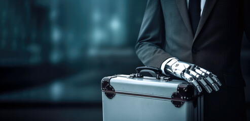 Humanoid robot AI close-up of with holding briefcase against blurry skyscraper background