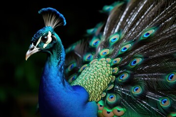 Naklejka na meble Beautiful peacock head. Portrait of beautiful peacock with feathers. Indian or blue peafowl. Critical endangered bird. Peacock - peafowl with close tail, representative exemplar of male peacock