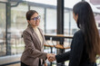 © Wasana - smiling business woman shake hands greeting getting acquainted in office, shake hands deal make agreement after successful negotiation