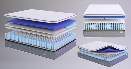 3d illustration from the front to the side of a prefabricated orthopedic mattress structure with a s