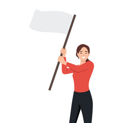 Woman with white flag template, advertising concept. Young smiling business woman girl holding white flag template and looking straight at camera. Flat vector illustration isolated on white background