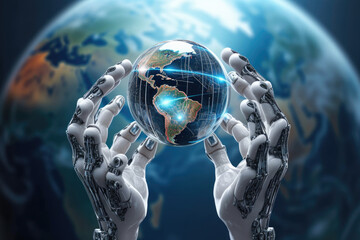 Wall Mural - robot hand holds planet on abstract background. global world in hand of artificial intelligence. tec