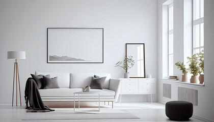 blank horizontal poster frame mock up in minimal scandinavian white style living room interior, mode