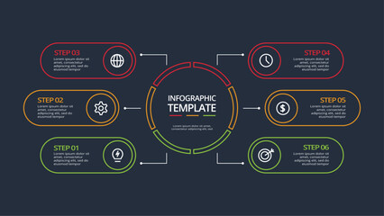 Line concept for infographic with 6 steps, options, parts or processes. Template for web on a black background.