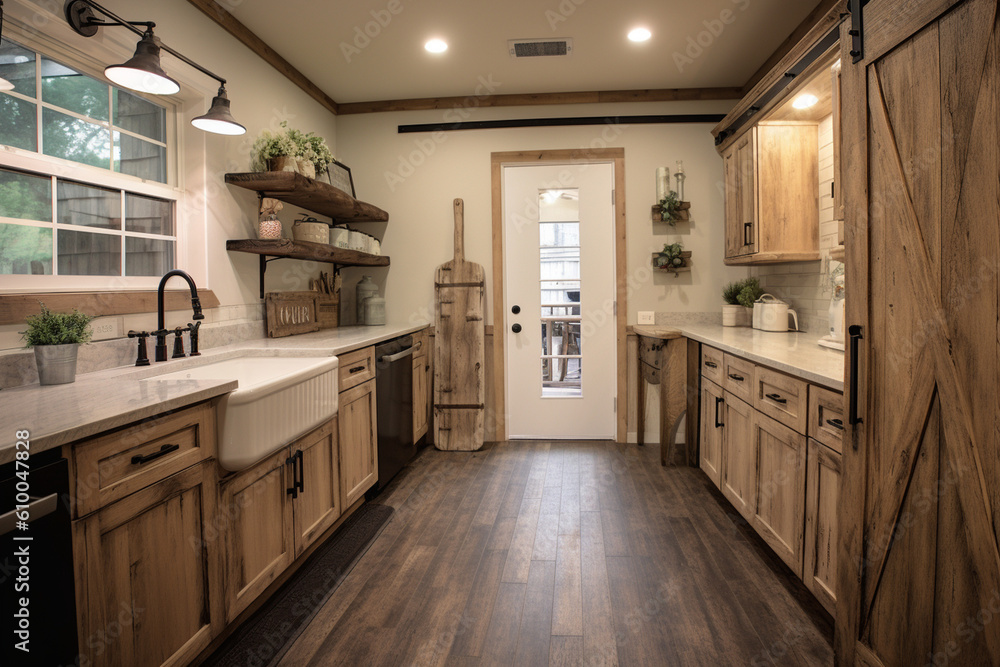 Rustic farmhouse laundry room with a farmhouse sink, open shelving, and ...