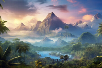 Wall Mural - Mysterious jungle, palm trees and mountains at the top of hill with a mountain range