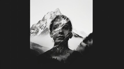 Poster - A black and white photo of a person with a mountain in the background. Generative AI image.