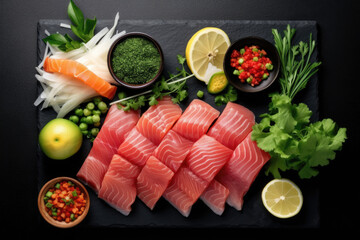 Poster - top view of Sashimi, Japanese raw fish created with Generative AI technology