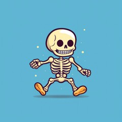 Sticker - A cartoon skeleton running on a blue background. Generative AI image.