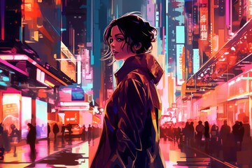 Wall Mural - a woman walking down a city street at night. generative ai image.