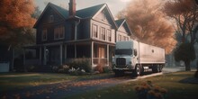 A Large Wooden Old American House Next To Which There Is A Truck For Transporting Things. Relocation Concept. Created With Generative AI Tools