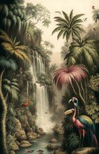 Jungle Wallpaper, Rainforest, Waterfall, Colorful Birds, Flamingos And Butterflies In A Landscape, Antique Drawing, Generative AI