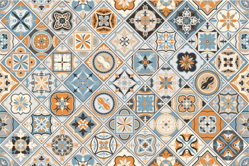 Seamless colorful patchwork. Hand drawn background. Azulejos tiles patchwork. Traditional ornate Portuguese and Spanish decorative tiles azulejos. Abstract background. Ceramic tiles. Vector