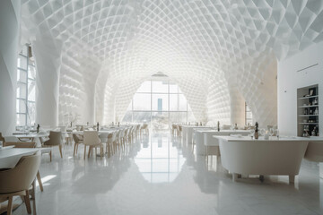 Organic fancy restaurant and bar. All-white color palette. Centered perspective. Interior Design