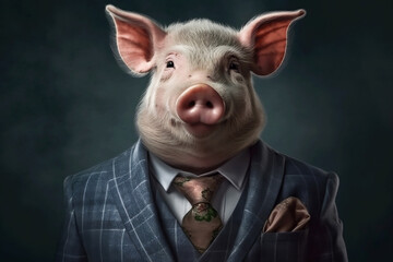 Wall Mural - Portrait of a Pig dressed in a formal business suit, generative AI